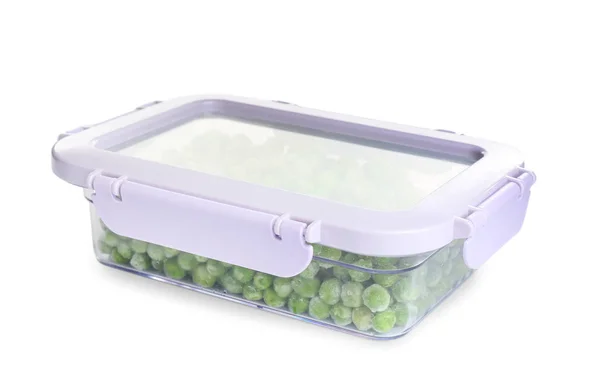 Frozen peas in plastic container isolated on white. Vegetable pr — Stock Photo, Image