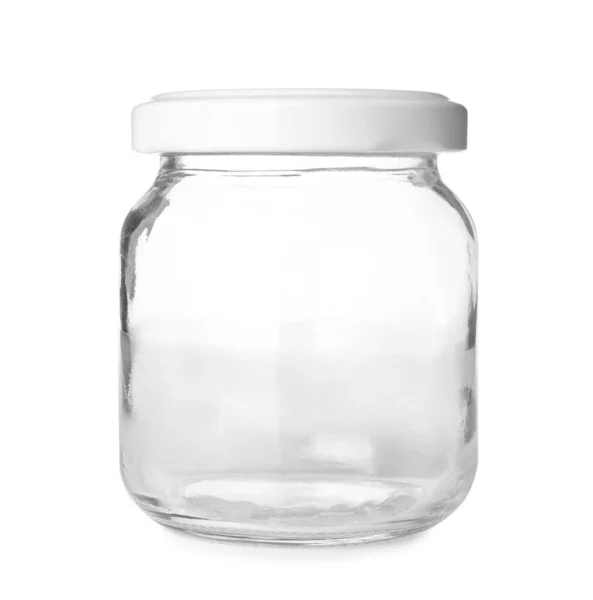 Closed empty glass jar isolated on white — Stock Photo, Image