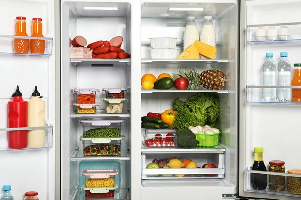Open Refrigerator Full Different Fresh Products — Stock Photo, Image