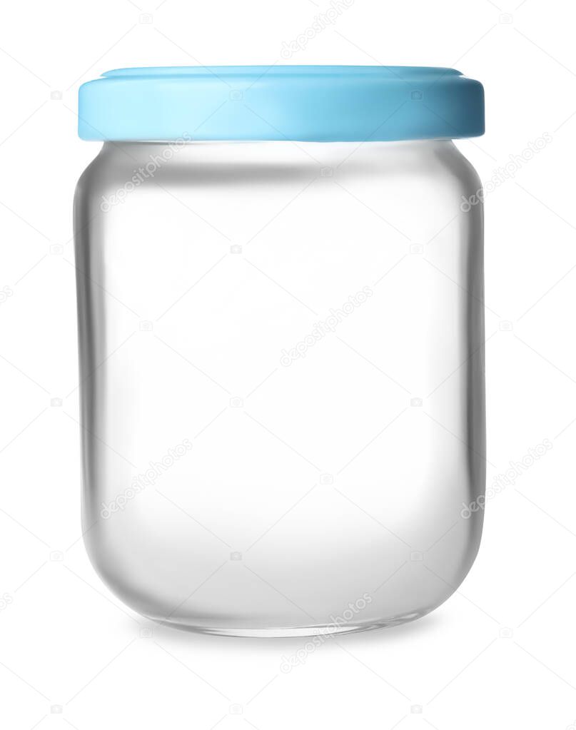Closed empty glass jar isolated on white