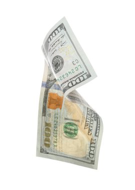 Bir dolarlık banknot beyaza izole edilmiş. Uçan para