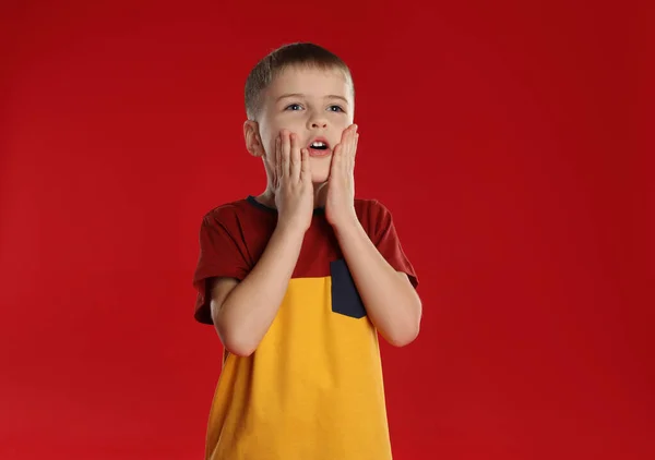 Porträt Eines Überraschten Kleinen Jungen Auf Rotem Hintergrund — Stockfoto