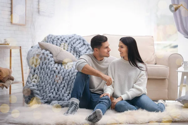 Happy couple spending time together at home. Winter vacation — Stock Photo, Image