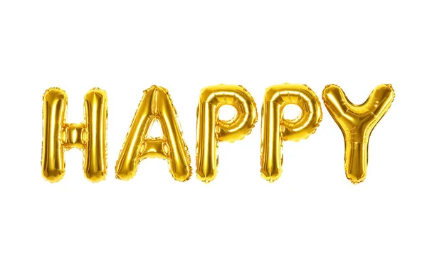 Word HAPPY made of golden foil balloons letters on white backgro — Stock Photo, Image