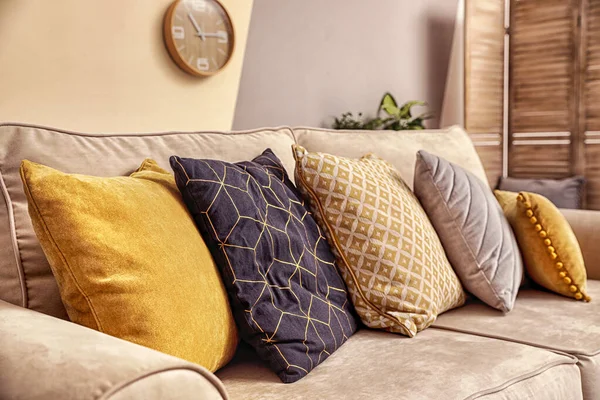 Pillows Modern Sofa Indoors Closeup Stylish Room Interior Decor — 스톡 사진