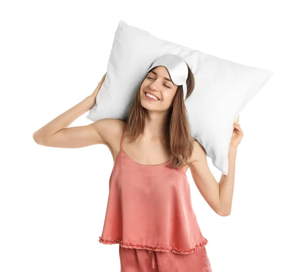 Beautiful woman with pillow and sleep mask on white background. — Stock Photo, Image