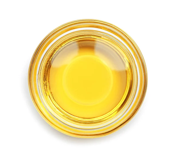 Cooking oil in glass bowl isolated on white, top view — ストック写真