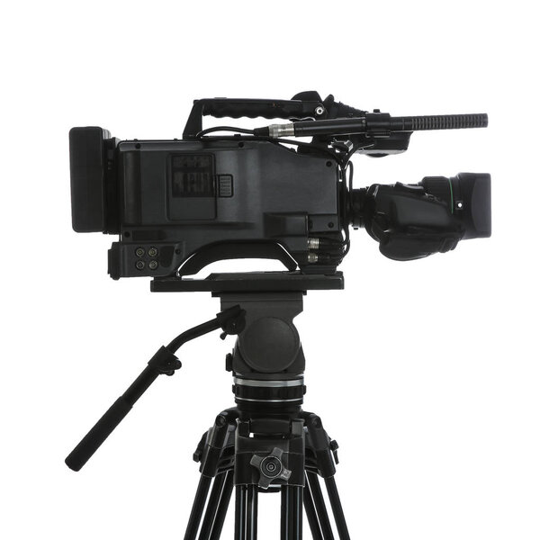 Modern professional video camera isolated on white