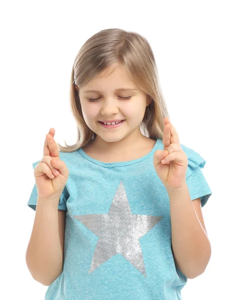 Cute Little Girl Crossed Fingers White Background — 스톡 사진