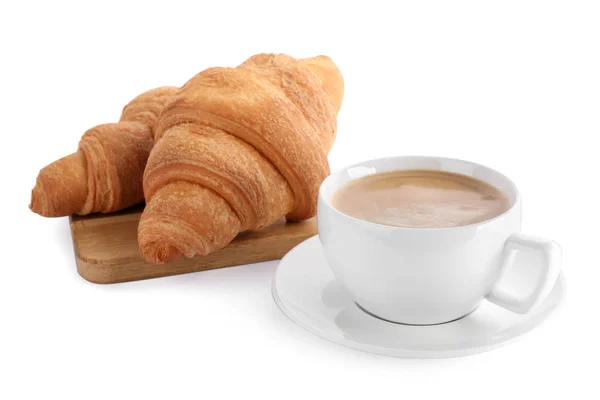 Fresh croissants and coffee on white background — Stock Photo, Image