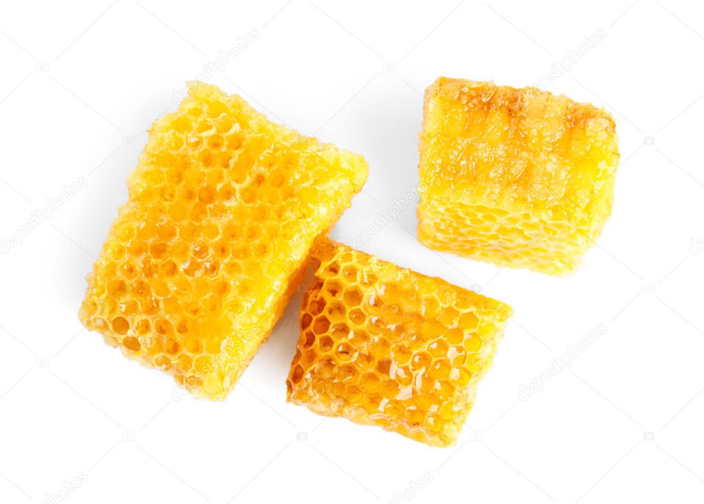 Fresh delicious sweet honeycombs isolated on white, top view