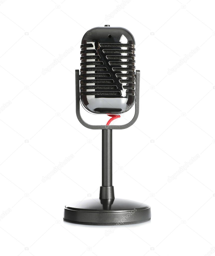 Vintage microphone isolated on white. Journalist's equipment