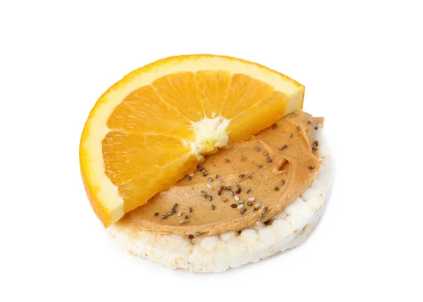 Puffed Rice Cake Peanut Butter Orange Isolated White — Stock Photo, Image