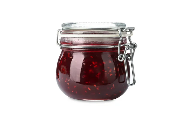 Jar of raspberry jam isolated on white — Stock Photo, Image