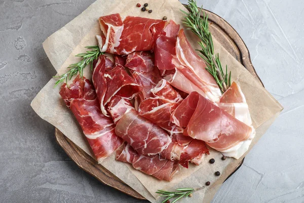 Tasty Prosciutto Grey Table Top View — 스톡 사진