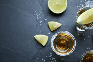 Gri masada tuz ve limon dilimli Meksika tekila shot 'ı. Metin için boşluk