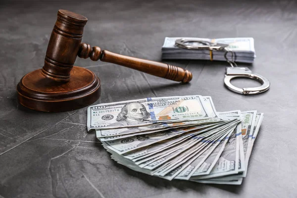 Dollar Bills Handcuffs Gavel Grey Stone Table Bribe Concept — Stock Photo, Image