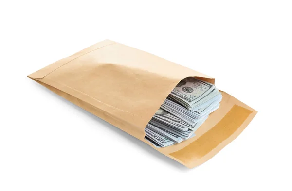Конверт с долларовыми купюрами, изолированными на белом. Концепция взятки — стоковое фото