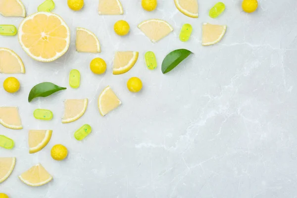 Flat Lay Composition Lemon Drops Grey Marble Table Space Text — Stock Photo, Image