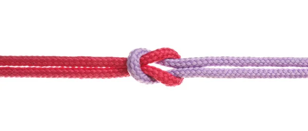 Cordones Coloridos Atados Juntos Con Nudo Aislado Blanco Concepto Unidad — Foto de Stock