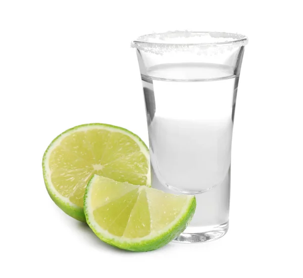 Tequila Mexicano Con Sal Cal Aislada Sobre Blanco —  Fotos de Stock
