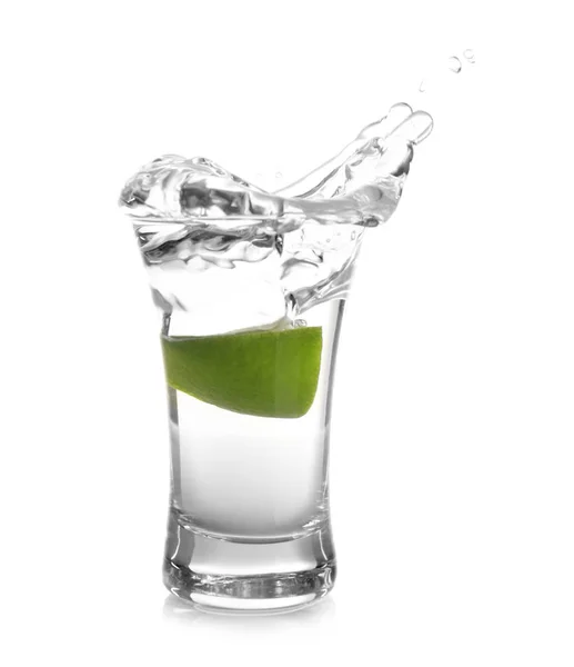 Splashing Mexican Tequila Shot Glass Lime Slice Isolated White — 스톡 사진