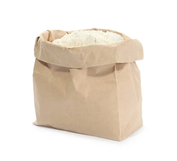 Mąka Organiczna Papierowej Torbie Izolowana Biało — Zdjęcie stockowe