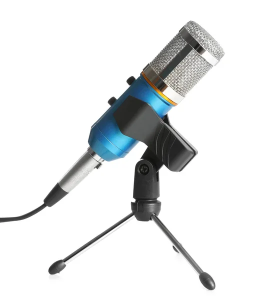 Modern microphone isolated on white. Journalist's equipment — Stock Photo, Image