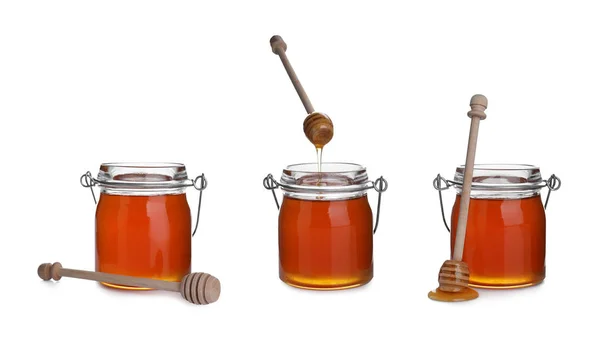 Set Organic Delicious Honey White Background — Stock Photo, Image