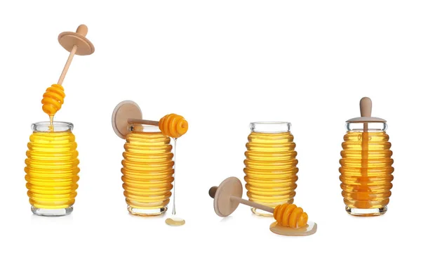 Set Organic Delicious Honey White Background — Stock Photo, Image