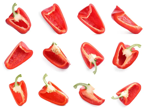 Set Cut Ripe Red Bell Peppers White Background — ストック写真