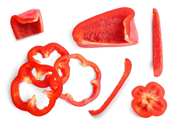 Set Cut Ripe Red Bell Peppers White Background Top View — Stock Photo, Image