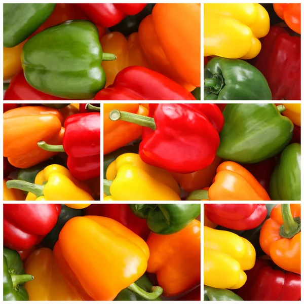 Collage with different ripe bell peppers, closeup