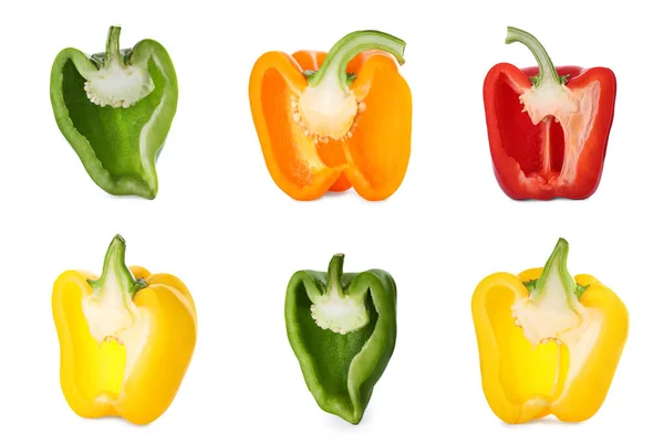 Set Van Verschillende Gesneden Rijpe Paprika Witte Achtergrond — Stockfoto