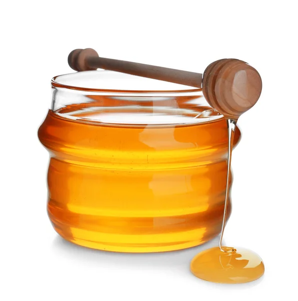 Burk ekologisk honung och dipper isolerad på vit — Stockfoto