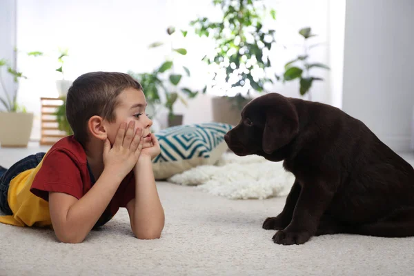 Niño pequeño con cachorro en el suelo en casa. Amistoso perro —  Fotos de Stock