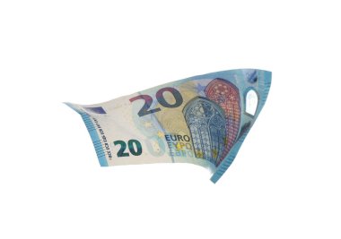 Euro banknotu beyaza izole edilmiş. Uçan para
