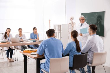 Tıp öğrencileri ve profesör sınıfta insan iskeleti anatomisi okuyor.