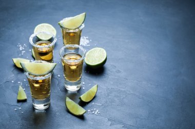 Gri masada tuzlu ve limon dilimli Meksika tekila shot 'ları. Metin için boşluk