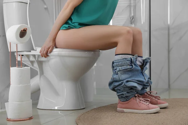 Woman Suffering Hemorrhoid Toilet Bowl Rest Room Closeup — 스톡 사진