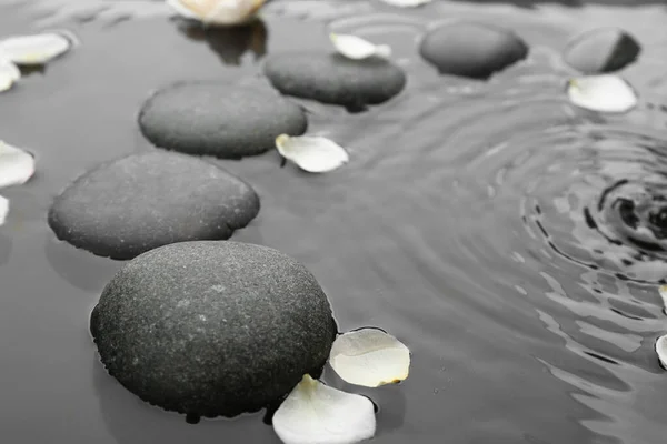 Kamienie Uzdrowiskowe Płatki Róż Wodzie Zbliżenie Styl Życia Zen — Zdjęcie stockowe