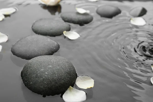 Fürdőkövek Rózsaszirmok Vízben Közelkép Zen Életmód — Stock Fotó