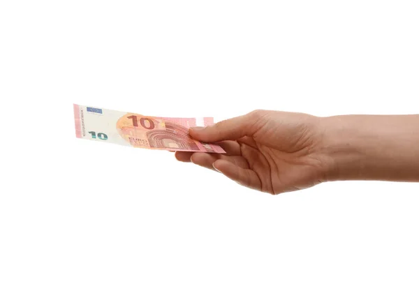 Mulher com nota de euro sobre fundo branco, close up. Dinheiro e — Fotografia de Stock