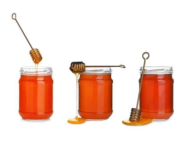 Uppsättning Ekologisk Läcker Honung Vit Bakgrund — Stockfoto