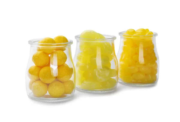 Different Tasty Lemon Drops Jars Isolated White — 스톡 사진