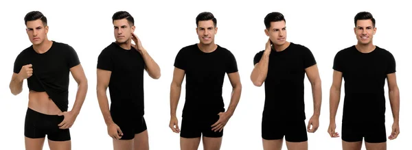 Collage Hombre Ropa Interior Negra Camiseta Sobre Fondo Blanco — Foto de Stock