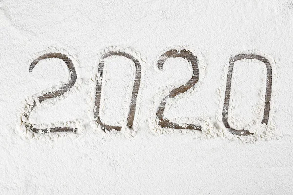 Número 2020 Hecho Con Harina Sobre Mesa Madera Vista Superior — Foto de Stock