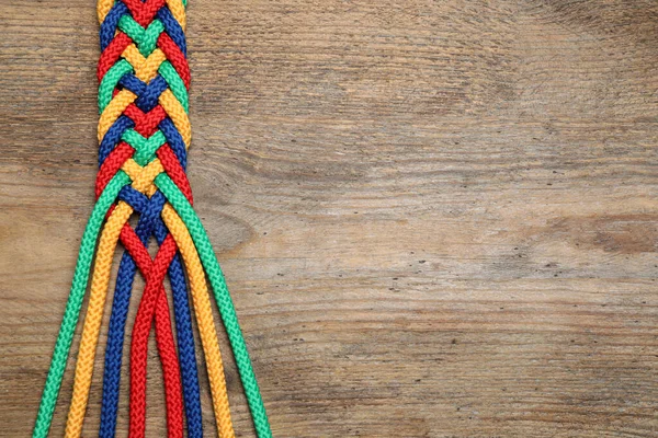 Top View Braided Colorful Ropes Wooden Background Space Text Unity — 스톡 사진