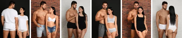 Collage Eines Jungen Paares Unterwäsche Mit Unterschiedlichem Hintergrund Bannerdesign — Stockfoto