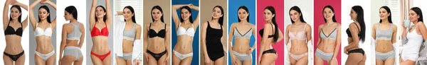 Koláž Mladé Ženy Spodním Prádle Barevném Pozadí Návrh Nápisu — Stock fotografie